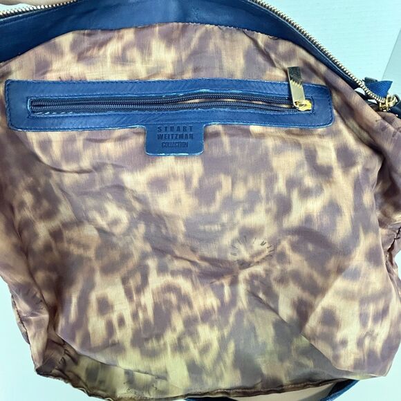 Stuart Weitzman Blue Quilted Shoulder Bag Tote Chain Strap Studded Leather Purse - Picture 9 of 16